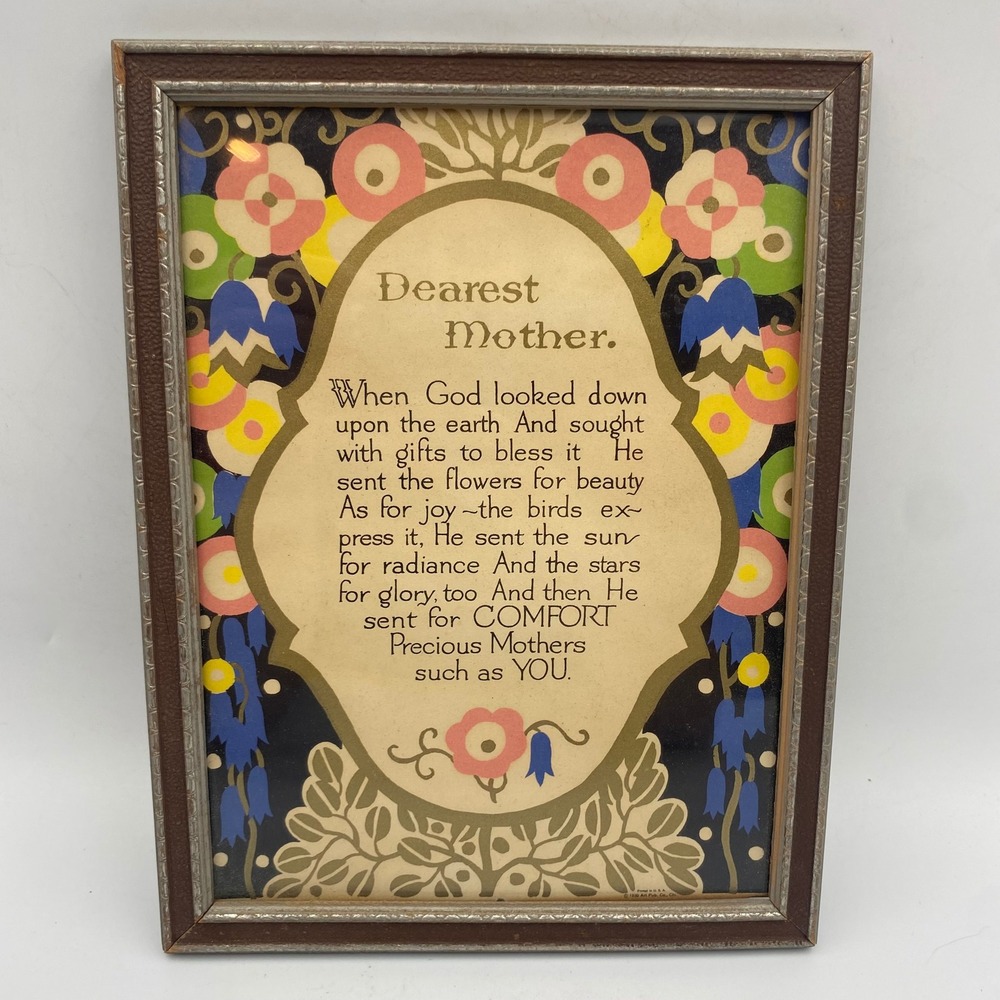 Vintage Dearest Mother Framed Poem Art Deco Floral Wall Decor Art Publishing Co